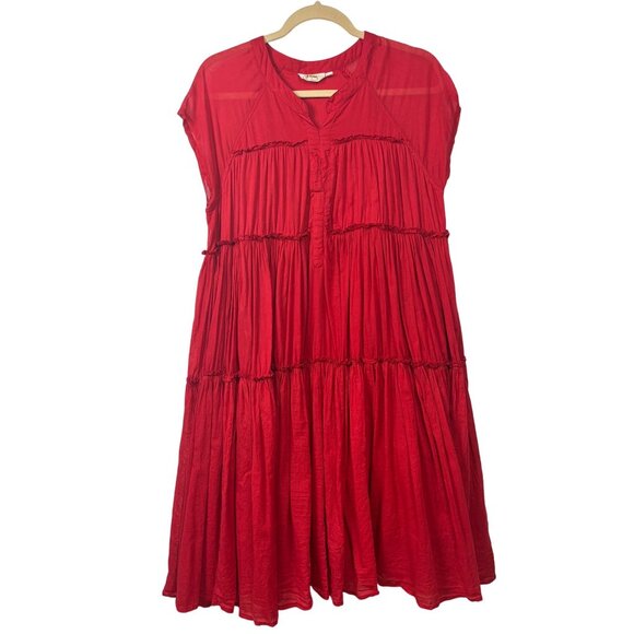 Holiday Dresses & Skirts - Holiday S Red Tiered Midi Dress Gauzy Lagenlook Empire Waist 100% Cotton